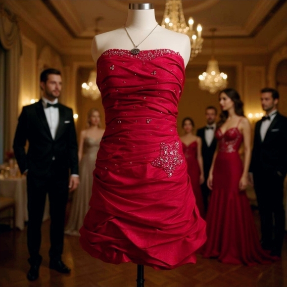 Cinderella Divine ✦ Red Strapless Prom Dress ✦ Lace-Up ✦ Bubble Hem ✦ Sz S ✦ NWT - Picture 1 of 8